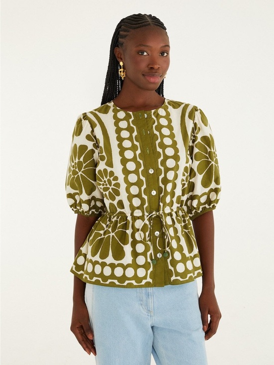 FARM Rio Tops - Farm Rio Green Palermo Drawstring Organic Cotton Blouse
